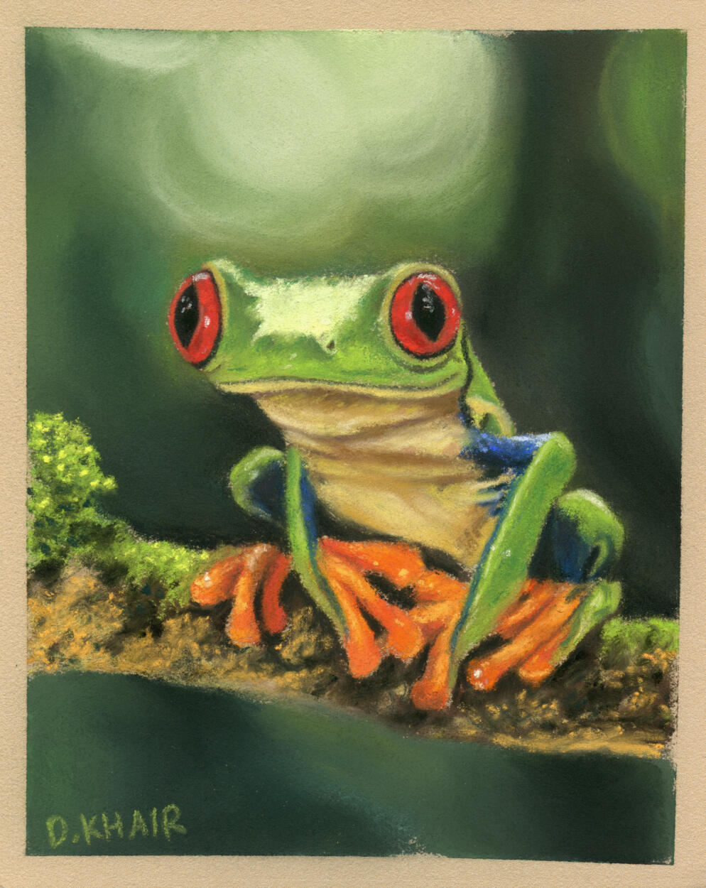 2026; 'Red-Eyed Tree Frog'. Soft Pastel painting on Pastelmat 3mm Board, 4 x 5 inch. Unavailable.