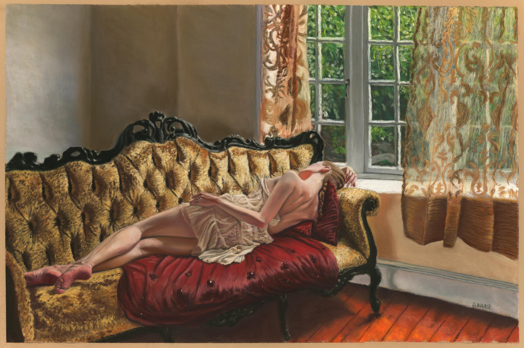 2026; 'Velvet Rest'. Soft Pastel painting on Pastelmat 3mm Board, 40 x 60cm. £320 (for the original, unframed).