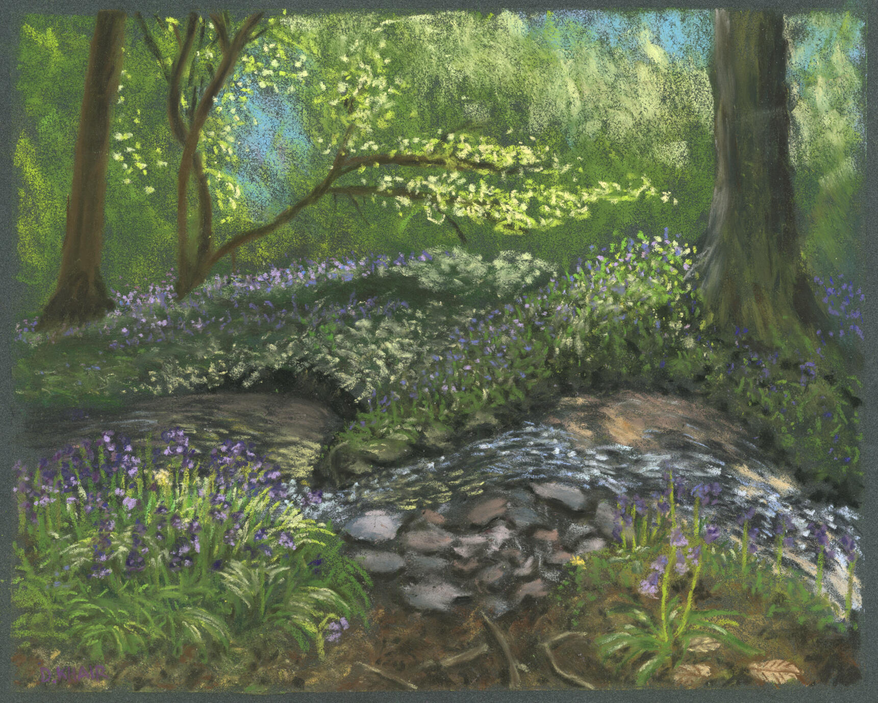 2026; 'Riverbank in Spring'. Plein Air Soft Pastel painting on Pastelmat, 24 x 30cm. £35 (for the original, unframed).
