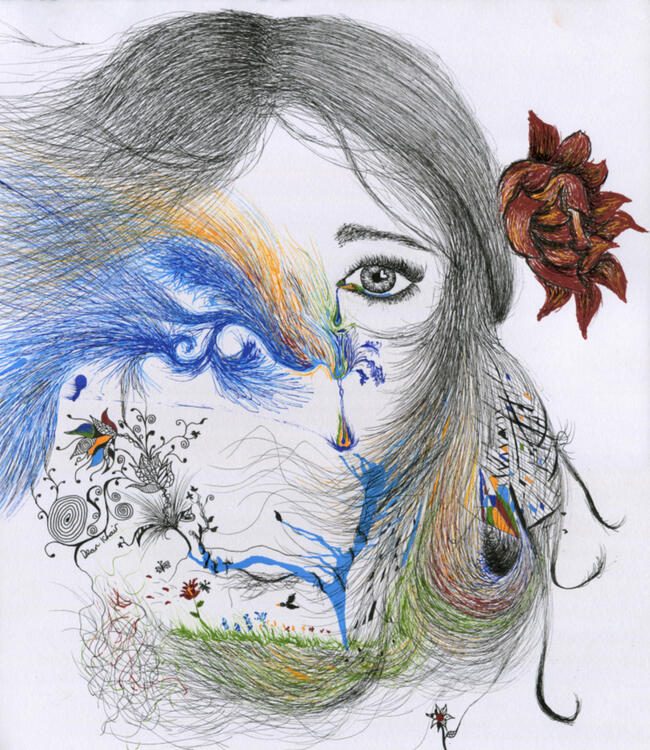 2016; 'The Colours of Her Soul'. Fineliner on paper, A3.