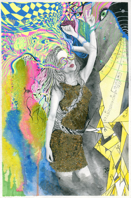 2023; Gold Leaf, Fineliner, Graphite, Watercolour, on Saunders Waterford 'HP' paper 20.5 x 31 cm. £50 (for the original, unframed).