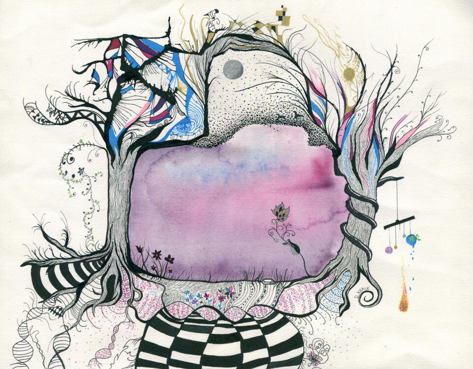2025; 'Intrinsic'. Fineliner & Watercolour, on Saunders Waterford 'HP' paper. A3 size. £60 (for the original, unframed).