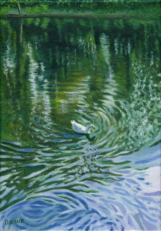 2025; 'Swan by the Lake'. Oil Painting on Canvas, 21 x 30 cm. £75