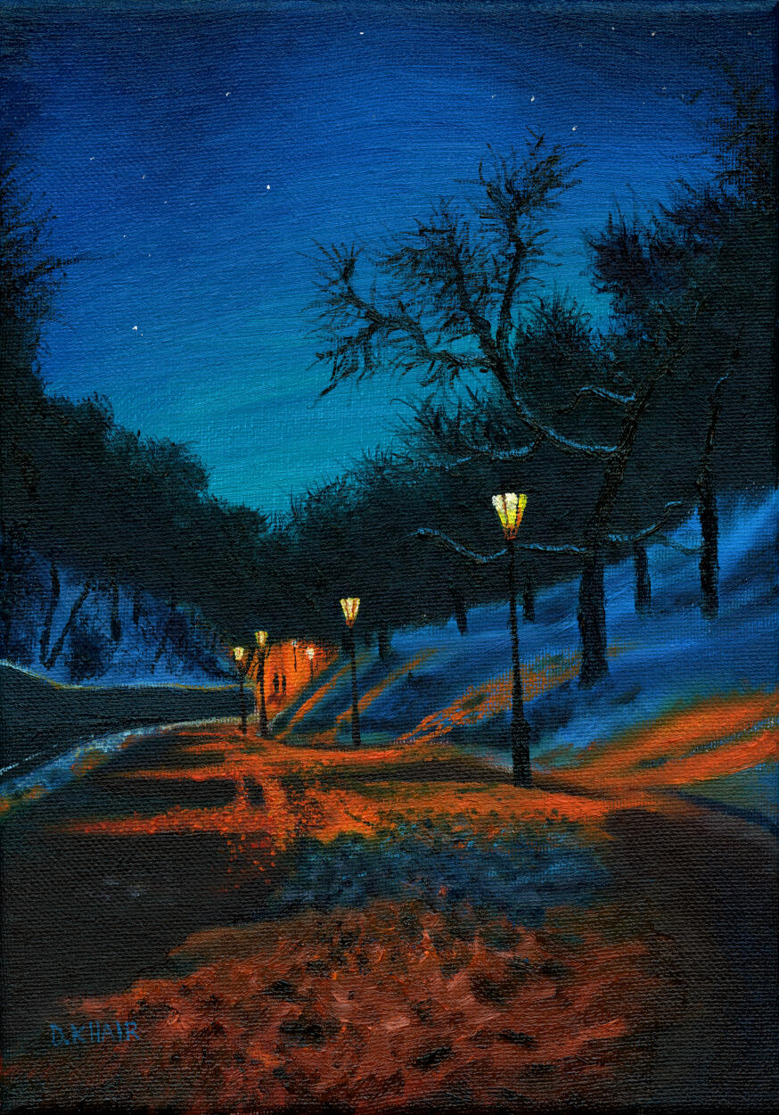 2025; 'A Lit Winter's Path'. Oil Painting on Canvas, 21 x 30cm. £70 (for the original, ready to hang).