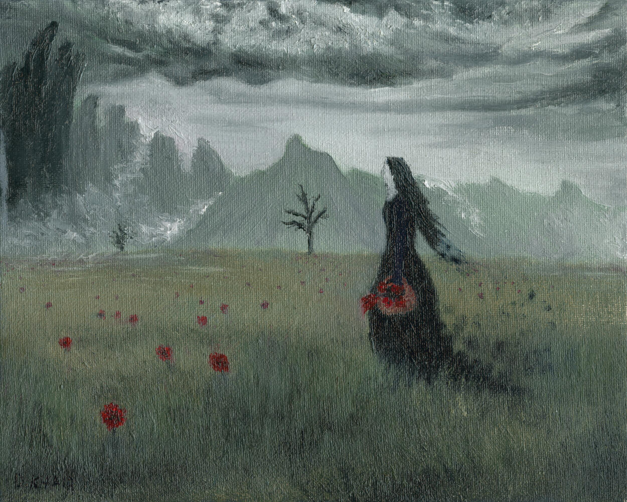 2025; 'Harvester of the Negative'. Oil Paint on Panelled Canvas, 8 x 10 inch. SOLD