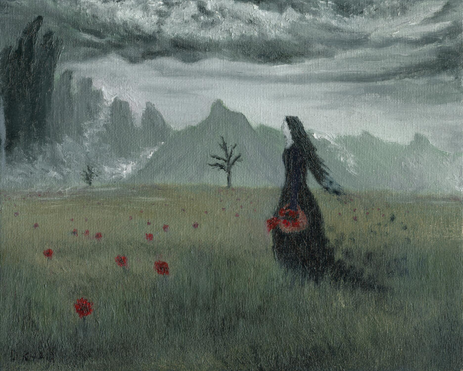 2025; 'Harvester of the Negative'. Oil Paint on Panelled Canvas, 8 x 10 inch. SOLD