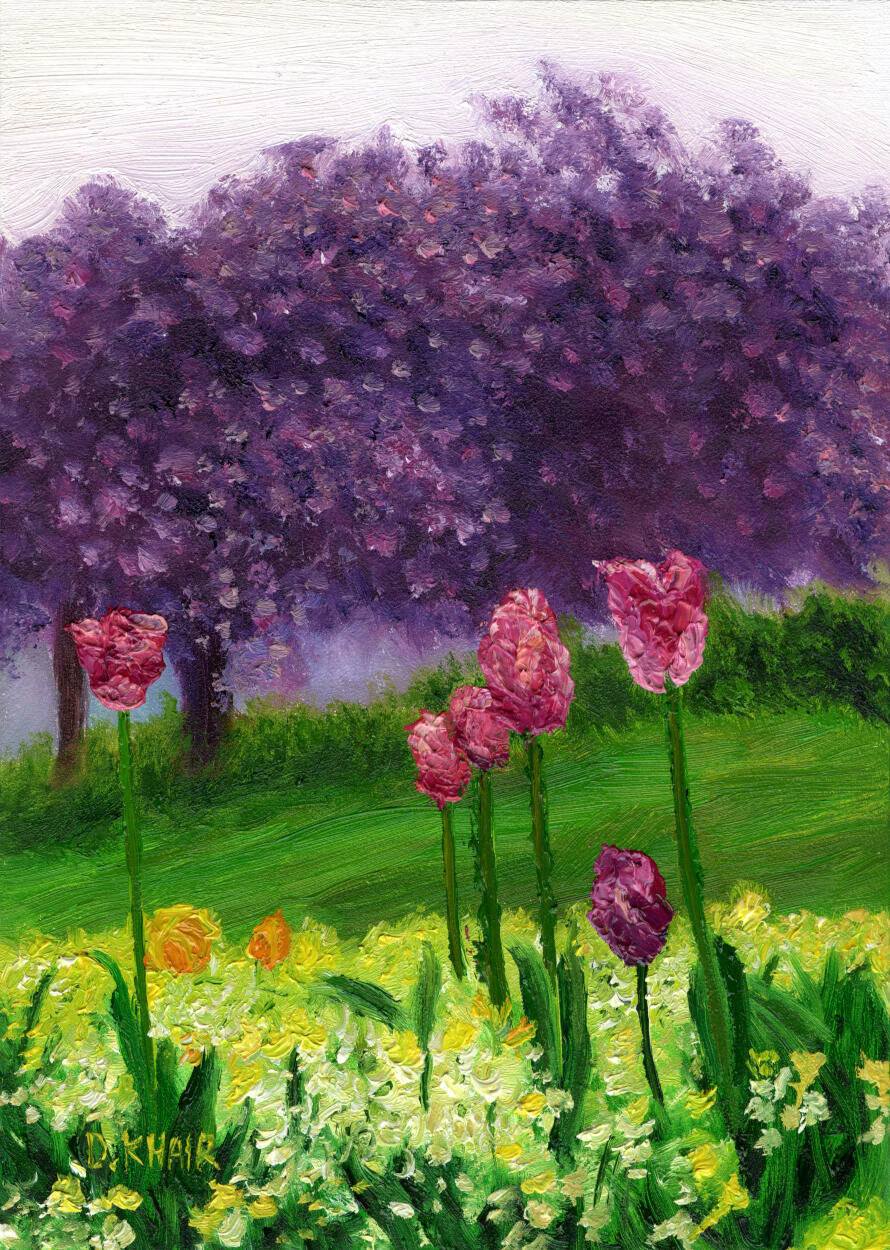2025; 'Edinburgh Tulips'. Oil Painting on Ampersand Gessobord, 5 x 7 inch. £30 (for the original, unframed).